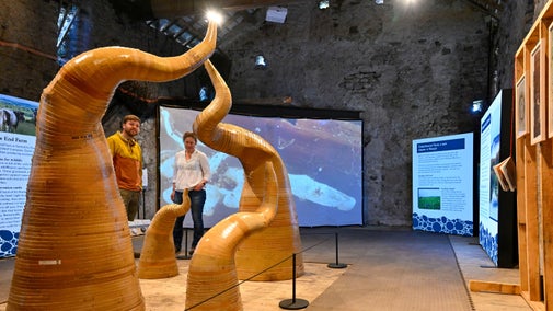 Visitors exploring large sculptural objects inside the SOIL exhibition in a barn at Sizergh.